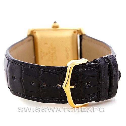 The image shows the back view of a Cartier Tank Francaise W5000156 Men's Yellow Gold Silver Dial W5000156 Men's Yellow Gold Silver Dial watch, highlighting its clasp and leather strap.