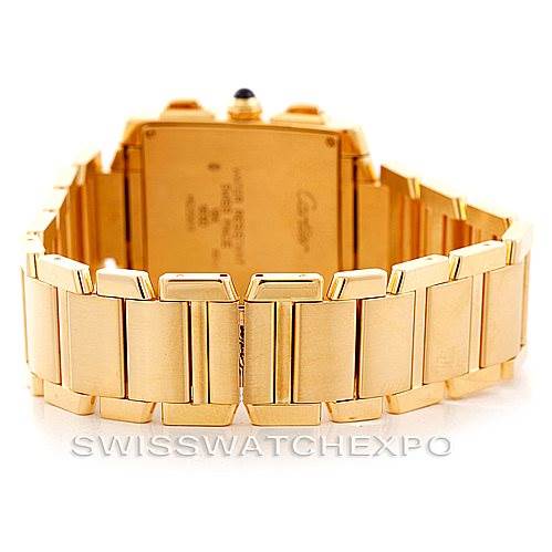 The image shows the back and bracelet of the Cartier Tank Francaise W50005R2 Men's Yellow Gold Silver Dial W50005R2 Men's Yellow Gold Silver Dial watch in a gold finish.