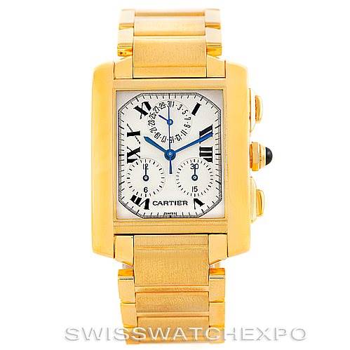 The image shows a full-front view of a Cartier Tank Francaise W50005R2 Men's Yellow Gold Silver Dial W50005R2 Men's Yellow Gold Silver Dial watch with a gold bracelet and a white dial featuring multiple sub-dials.
