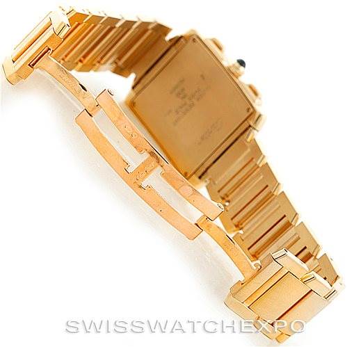 This image shows the clasp and bracelet of a Cartier Tank Française watch from a rear angle, displaying the gold-toned buckle and links.