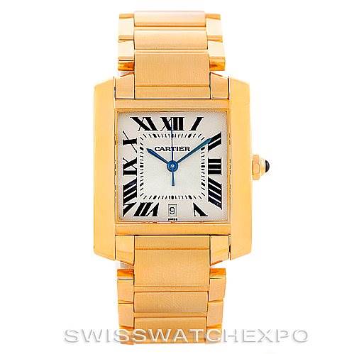 This image shows a front view of a Cartier Tank Francaise W50001R2 Men's Yellow Gold Silver Dial W50001R2 Men's Yellow Gold Silver Dial watch, highlighting its gold bracelet, rectangular case, and Roman numeral dial.