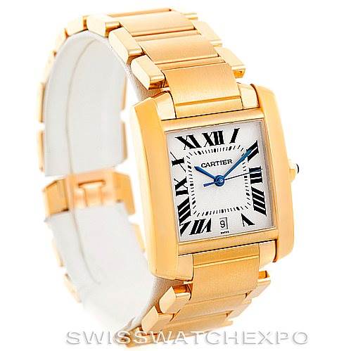 The image shows a Cartier Tank Francaise W50001R2 Men's Yellow Gold Silver Dial W50001R2 Men's Yellow Gold Silver Dial watch at a three-quarter angle, highlighting its gold case and bracelet, with a white Roman numeral dial.