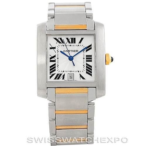 This image shows a front view of a Cartier Tank Francaise W51005Q4 Men
s Steel and Gold (two tone) Silver Dial W51005Q4 Men
s Steel and Gold (two tone) Silver Dial watch, highlighting its two-tone bracelet and Roman numeral dial.
