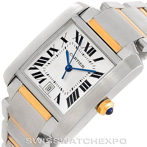 The image shows a close-up angle of the Cartier Tank Francaise W51005Q4 Men
s Steel and Gold (two tone) Silver Dial W51005Q4 Men
s Steel and Gold (two tone) Silver Dial
s dial and bracelet, highlighting the blue hands, Roman numerals, and date window.