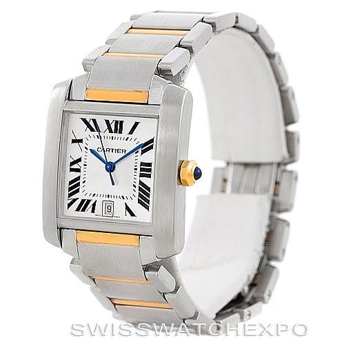 The image shows a Cartier Tank Française watch at a three-quarter angle, displaying its face, case, bracelet, and crown with a blue cabochon.