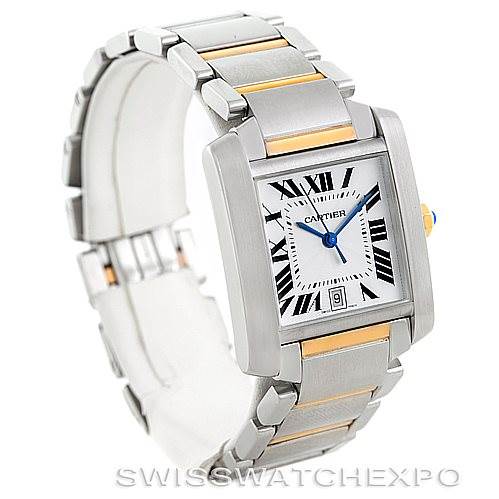 This image shows a Cartier Tank Francaise W51005Q4 Men
s Steel and Gold (two tone) Silver Dial W51005Q4 Men
s Steel and Gold (two tone) Silver Dial watch at a three-quarter angle, highlighting its bracelet, case, and dial.