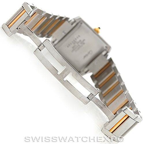 The image shows the back and bracelet of a Cartier Tank Francaise W51005Q4 Men
s Steel and Gold (two tone) Silver Dial W51005Q4 Men
s Steel and Gold (two tone) Silver Dial watch at an angled side view.