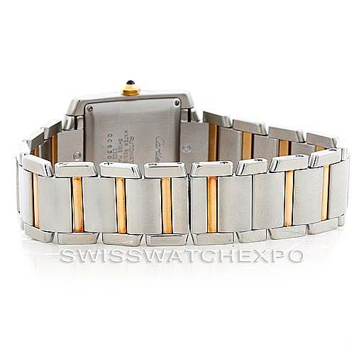 The image shows the back view of a Cartier Tank Francaise W51005Q4 Men
s Steel and Gold (two tone) Silver Dial W51005Q4 Men
s Steel and Gold (two tone) Silver Dial watch, highlighting its two-tone metal bracelet.