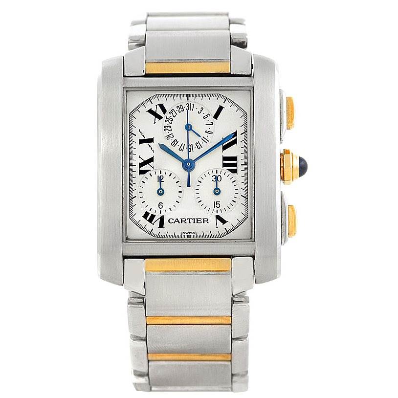 This Tank Française watch by Cartier is shown from the front, featuring its face, bracelet, and side buttons.