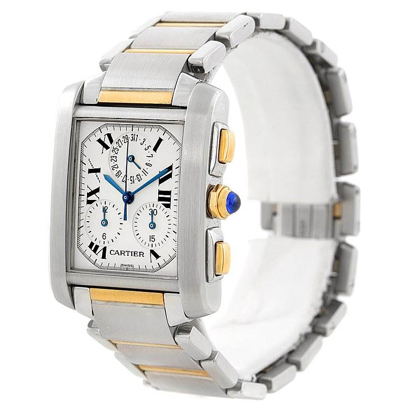 The Cartier Tank Francaise W51004Q4 Men's Steel and Gold (two tone) Silver Dial W51004Q4 Men's Steel and Gold (two tone) Silver Dial watch is shown at a front angle, highlighting its rectangular case, dial, crown, and two-tone bracelet.