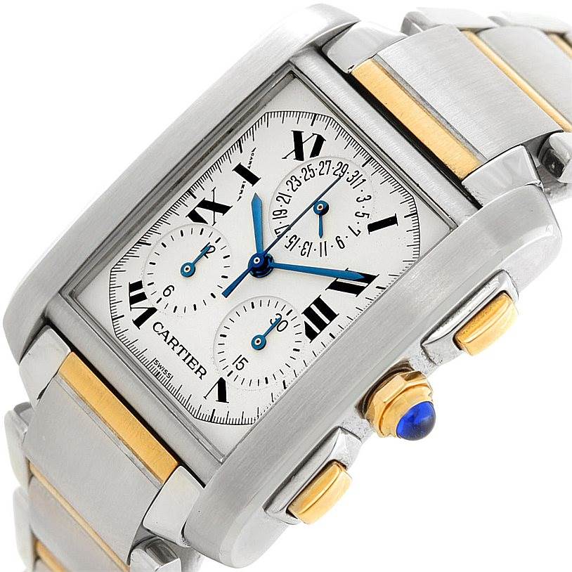 This image shows a close-up of the Cartier Tank Francaise W51004Q4 Men's Steel and Gold (two tone) Silver Dial W51004Q4 Men's Steel and Gold (two tone) Silver Dial watch, highlighting its rectangular face, Roman numerals, and two-tone bracelet.