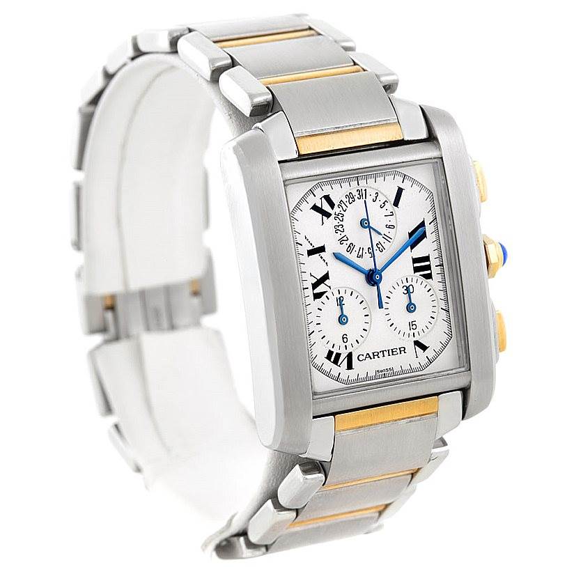 The image shows the Cartier Tank Francaise W51004Q4 Men's Steel and Gold (two tone) Silver Dial W51004Q4 Men's Steel and Gold (two tone) Silver Dial watch at a slight angle, highlighting its rectangular face, metal bracelet, and side buttons.