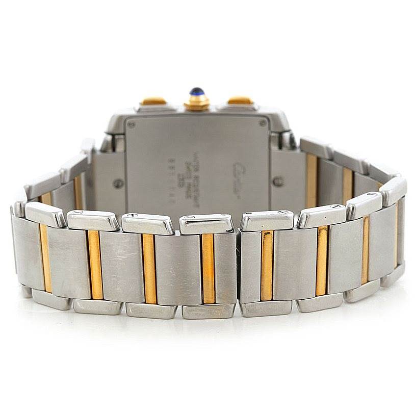 The image shows the back view of the Cartier Tank Francaise W51004Q4 Men's Steel and Gold (two tone) Silver Dial W51004Q4 Men's Steel and Gold (two tone) Silver Dial watch, focusing on the two-tone stainless steel and gold bracelet.