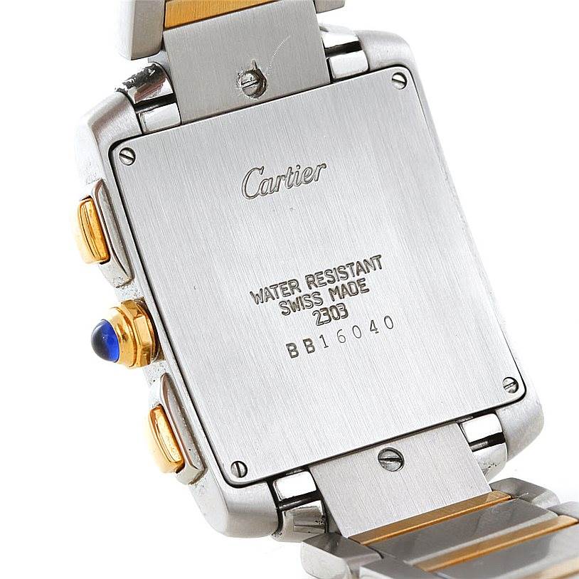 The image shows the back panel and part of the bracelet of the Cartier Tank Francaise W51004Q4 Men's Steel and Gold (two tone) Silver Dial W51004Q4 Men's Steel and Gold (two tone) Silver Dial watch.