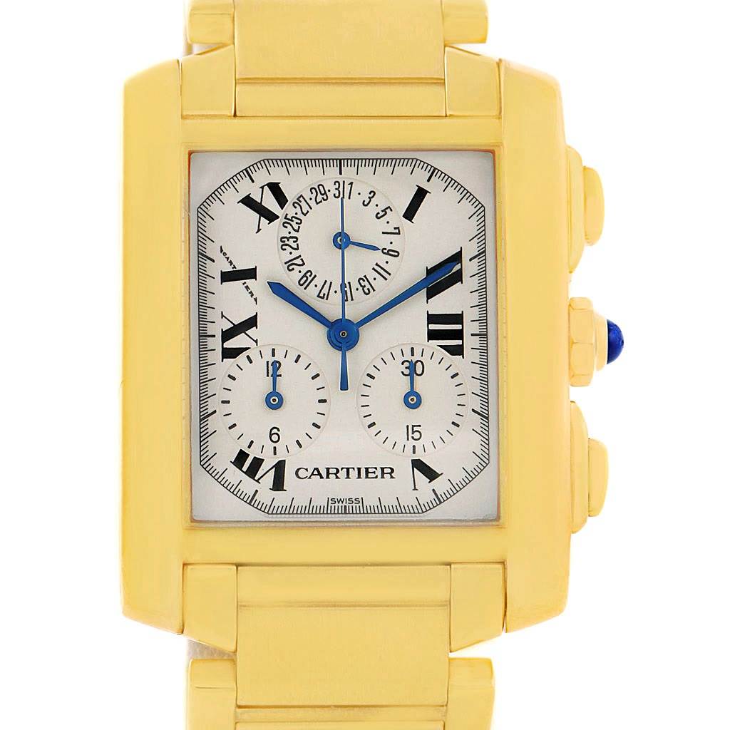 The Cartier Tank Francaise W50005R2 Men
s Yellow Gold Silver Dial W50005R2 Men
s Yellow Gold Silver Dial watch is shown from the front, displaying the face, Roman numerals, and chronograph dials.