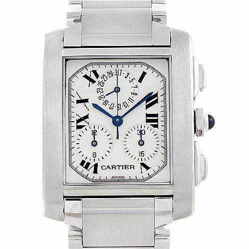 This image shows a front view of a Cartier Tank Française watch, displaying its rectangular face, Roman numerals, sub-dials, and silver bracelet.