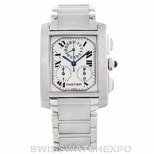 This image shows the front view of a Cartier Tank Francaise W51001Q3 Men's Stainless Steel White Dial W51001Q3 Men's Stainless Steel White Dial watch with a rectangular face, stainless steel case, and bracelet.