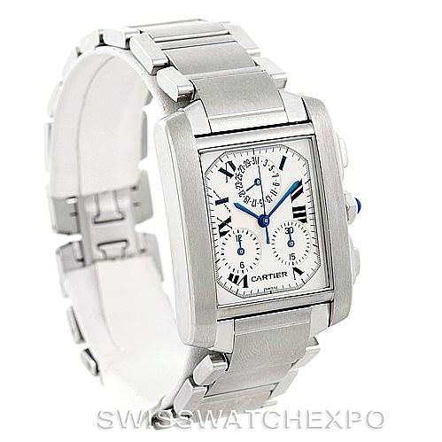 The image shows a Cartier Tank Francaise W51001Q3 Men's Stainless Steel White Dial W51001Q3 Men's Stainless Steel White Dial watch at a slight angle, displaying its face, bezel, crown, and metal bracelet.