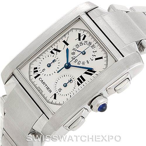 This image shows a close-up of the Cartier Tank Francaise W51001Q3 Men's Stainless Steel White Dial W51001Q3 Men's Stainless Steel White Dial watch from the right side, highlighting the crown and side buttons.