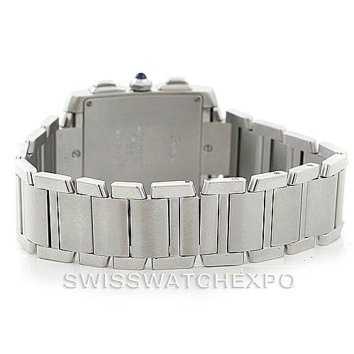 The image shows the back and bracelet of a Cartier Tank Française watch.