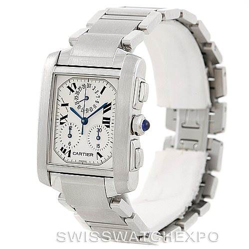 This Cartier Tank Francaise W51001Q3 Men's Stainless Steel White Dial W51001Q3 Men's Stainless Steel White Dial watch is shown at a three-quarter angle, highlighting the face, crown, and bracelet.