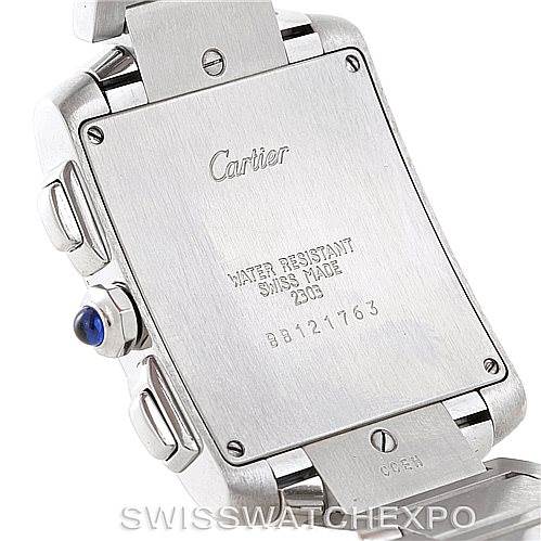 This image shows the back case of a Cartier Tank Francaise W51001Q3 Men's Stainless Steel White Dial W51001Q3 Men's Stainless Steel White Dial watch, including the brand engraving and model details.
