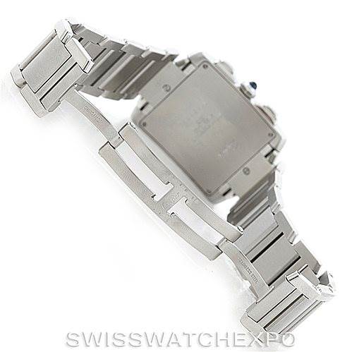 This image shows the back of the Cartier Tank Francaise W51001Q3 Men's Stainless Steel White Dial W51001Q3 Men's Stainless Steel White Dial watch, focusing on its stainless steel bracelet and clasp mechanism.