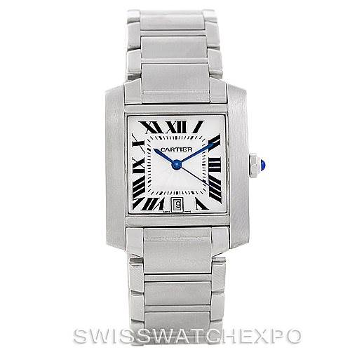 This image shows a front view of a Cartier Tank Francaise W51002Q3 Men
s Stainless Steel Silver Dial W51002Q3 Men
s Stainless Steel Silver Dial watch with a metallic bracelet, Roman numerals, and blue hands.