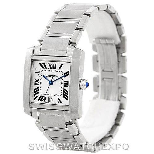 The image shows a Cartier Tank Francaise W51002Q3 Men
s Stainless Steel Silver Dial W51002Q3 Men
s Stainless Steel Silver Dial watch at a slight angle, highlighting its face, crown, and part of the bracelet.