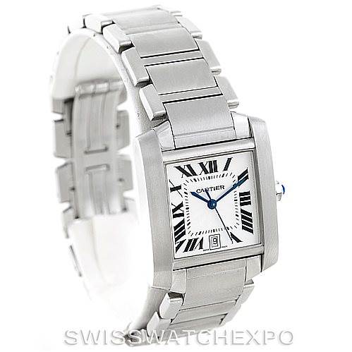 The image shows a side-angle view of a Cartier Tank Francaise W51002Q3 Men
s Stainless Steel Silver Dial W51002Q3 Men
s Stainless Steel Silver Dial watch, highlighting its bracelet and square face with Roman numerals.