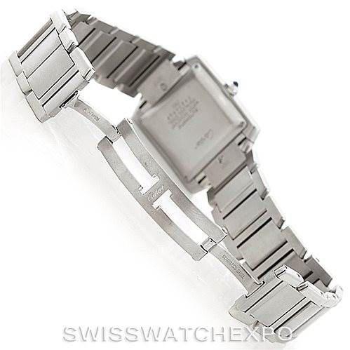 The image shows the back view of a Cartier Tank Francaise W51002Q3 Men
s Stainless Steel Silver Dial W51002Q3 Men
s Stainless Steel Silver Dial watch, highlighting its clasp and bracelet design.