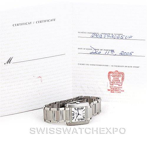 The image shows a Cartier Tank Francaise W51002Q3 Men
s Stainless Steel Silver Dial W51002Q3 Men
s Stainless Steel Silver Dial watch from a slight angle and its accompanying certificate documentation.