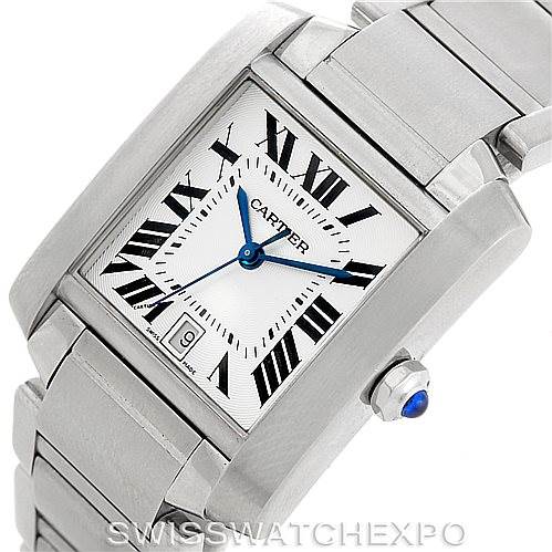 The Cartier Tank Francaise W51002Q3 Men
s Stainless Steel Silver Dial W51002Q3 Men
s Stainless Steel Silver Dial watch is shown at a slight angle, displaying the face, bracelet, crown with a blue cabochon, and part of the case.