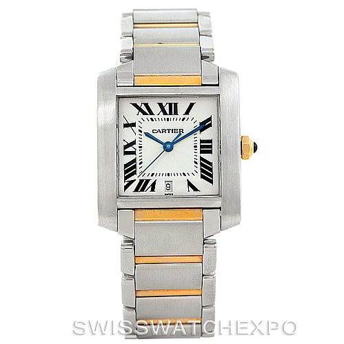This image shows a Cartier Tank Francaise W51005Q4 Men
s Steel and Gold (two tone) Silver Dial W51005Q4 Men
s Steel and Gold (two tone) Silver Dial watch from a front angle, highlighting its square dial, Roman numerals, and metal bracelet.