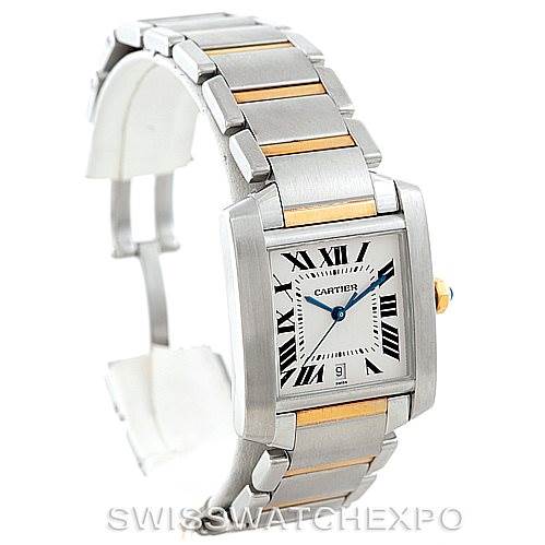 This image shows a Cartier Tank Francaise W51005Q4 Men
s Steel and Gold (two tone) Silver Dial W51005Q4 Men
s Steel and Gold (two tone) Silver Dial watch, highlighting its rectangular face, Roman numerals, and two-tone metal strap, taken from an angled side view.