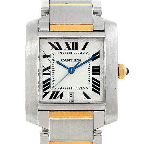 The image shows a front view of the Cartier Tank Francaise W51005Q4 Men
s Steel and Gold (two tone) Silver Dial W51005Q4 Men
s Steel and Gold (two tone) Silver Dial watch, highlighting its dial, Roman numerals, and two-tone bracelet.