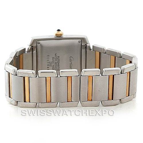 The image shows the back view of a Tank Française watch by Cartier, featuring the bracelet
s clasp and links.