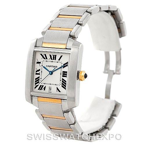 The image shows a Cartier Tank Francaise W51005Q4 Men
s Steel and Gold (two tone) Silver Dial W51005Q4 Men
s Steel and Gold (two tone) Silver Dial watch at a three-quarter angle, showcasing the face, bezel, and two-tone bracelet.