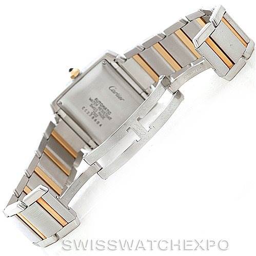 The image shows the back and part of the bracelet of a Cartier Tank Francaise W51005Q4 Men
s Steel and Gold (two tone) Silver Dial W51005Q4 Men
s Steel and Gold (two tone) Silver Dial watch, highlighting the clasp and part of the strap.