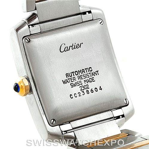 The image shows the back case of a Cartier Tank Francaise W51005Q4 Men
s Steel and Gold (two tone) Silver Dial W51005Q4 Men
s Steel and Gold (two tone) Silver Dial watch, highlighting inscriptions and part of the bracelet.