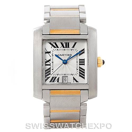 This image shows a frontal view of a Cartier Tank Française watch featuring a metal bracelet with gold accents.