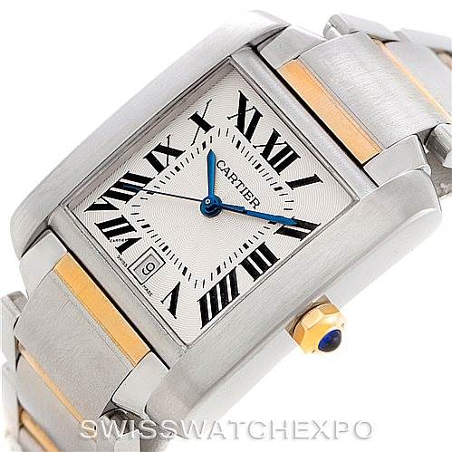 This image shows the Cartier Tank Française model at an angle highlighting its face and part of the bracelet, featuring Roman numerals, blue hands, and date display.
