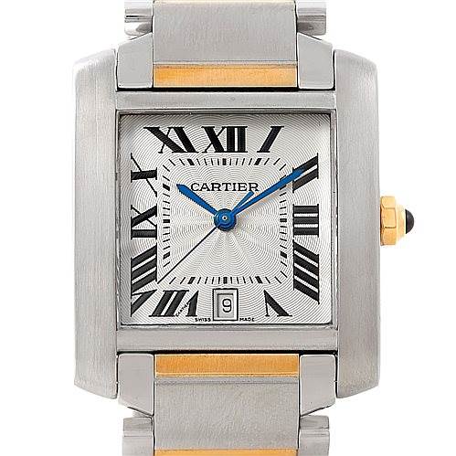 This image shows a front view of the Cartier Tank Francaise W51005Q4 Men
s Steel and Gold (two tone) Silver Dial W51005Q4 Men
s Steel and Gold (two tone) Silver Dial watch, highlighting its rectangular face, Roman numerals, date window, and two-tone bracelet.