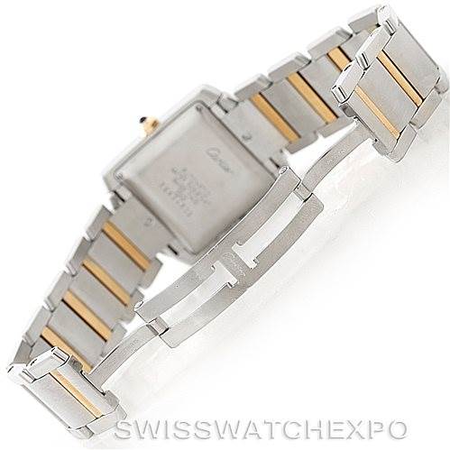 The image shows the back and strap of the Cartier Tank Française watch, highlighting the two-tone metal bracelet and clasp.