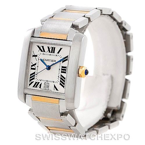 The Cartier Tank Francaise W51005Q4 Men
s Steel and Gold (two tone) Silver Dial W51005Q4 Men
s Steel and Gold (two tone) Silver Dial watch is shown at a three-quarter angle, highlighting its rectangular face, Roman numeral dial, and metal bracelet.
