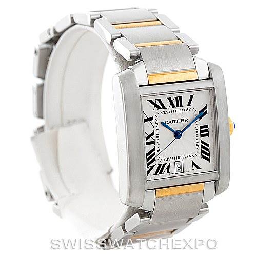 The image shows a front angle of the Cartier Tank Française watch, highlighting its face and metallic two-tone bracelet.
