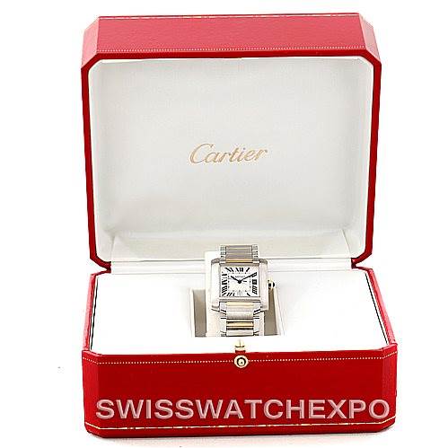 The image shows a Cartier Tank Francaise W51005Q4 Men
s Steel and Gold (two tone) Silver Dial W51005Q4 Men
s Steel and Gold (two tone) Silver Dial watch in a red presentation box with the view directly facing the front of the watch.