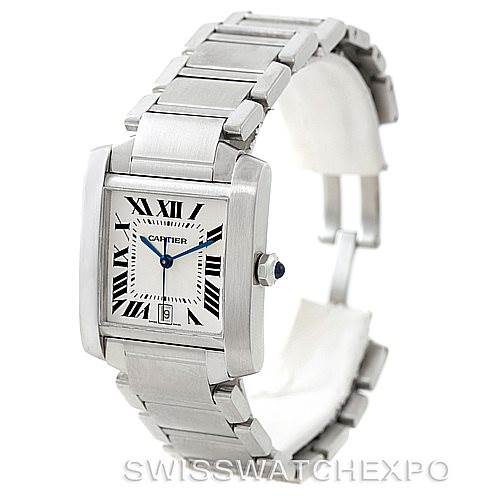 This image shows a Cartier Tank Française watch at a three-quarter angle, highlighting its rectangular face, bracelet, and crown.