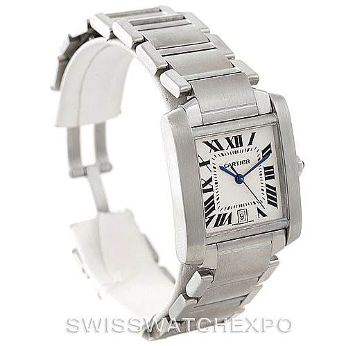 The image shows a Cartier Tank Française watch at a three-quarter angle, highlighting the square dial, Roman numerals, and metallic bracelet.