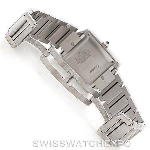 The image shows the back and bracelet of a Cartier Tank Française watch from a rear angle.